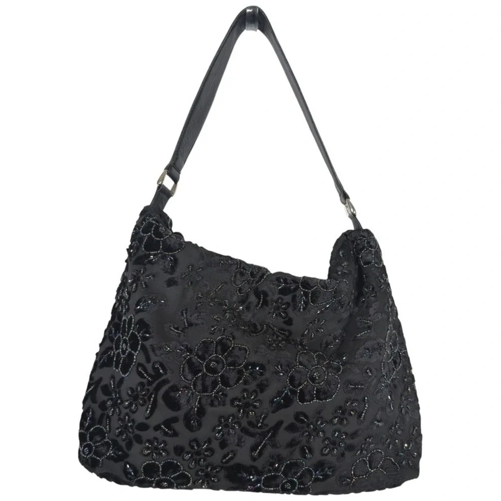 Christiana Black Beaded Velvet Floral Shoulder Bag Tassel Tote Purse